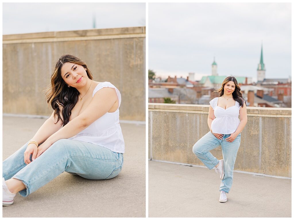 urban senior session rooftop view of downtown fredericksburg