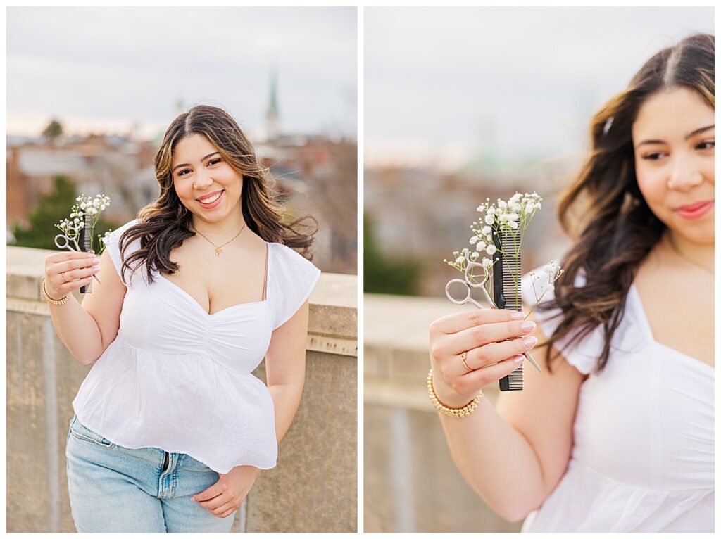 urban, cosmotology senior session rooftop view of downtown fredericksburg