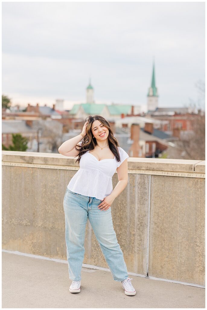 urban, cosmotology senior session rooftop view of downtown fredericksburg