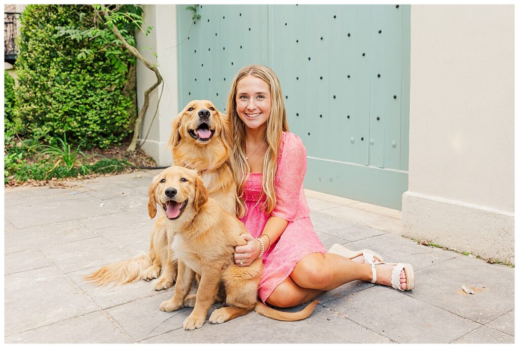 senior session in downtown Richmond with Natalie and her two golden retrievers