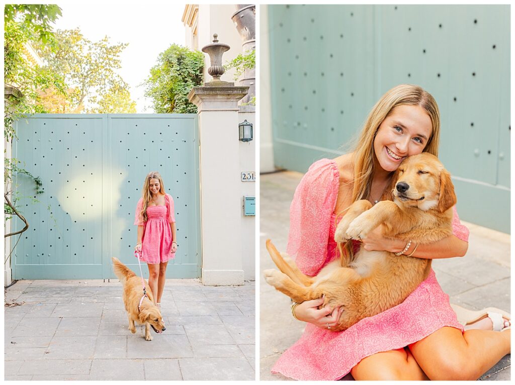 senior session in downtown Richmond with Natalie and her two golden retrievers