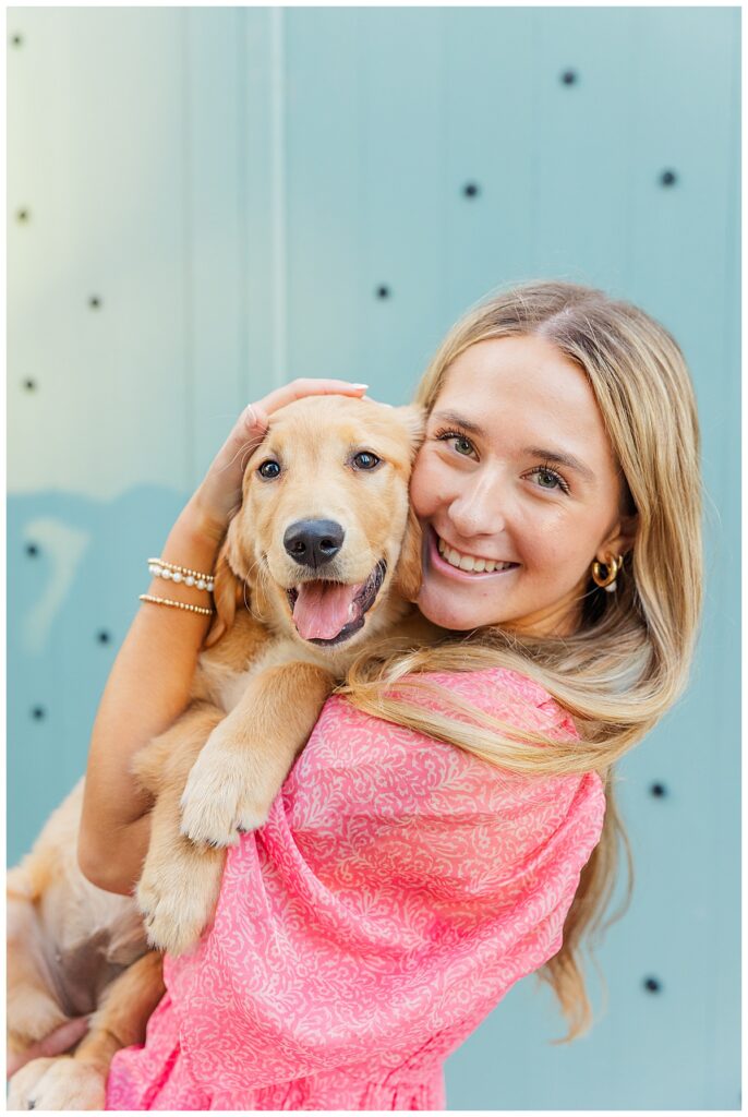 senior session in downtown Richmond with Natalie and her two golden retrievers
