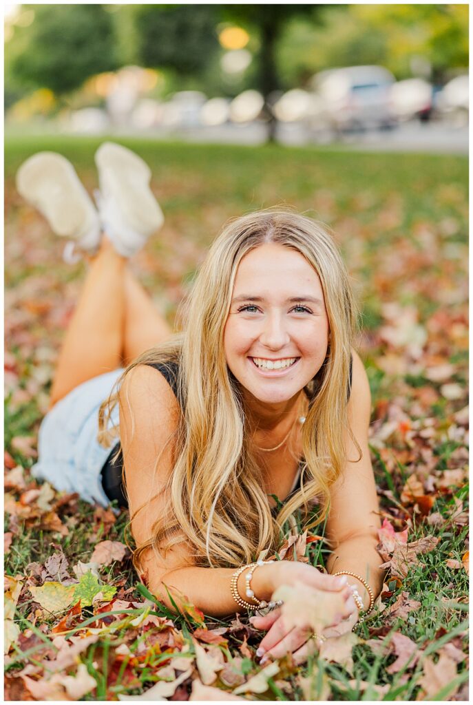 senior session in downtown Richmond with Natalie and her two golden retrievers