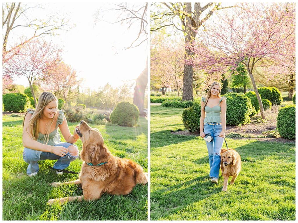spring senior session at the Preserve at Dundee with golden retriever