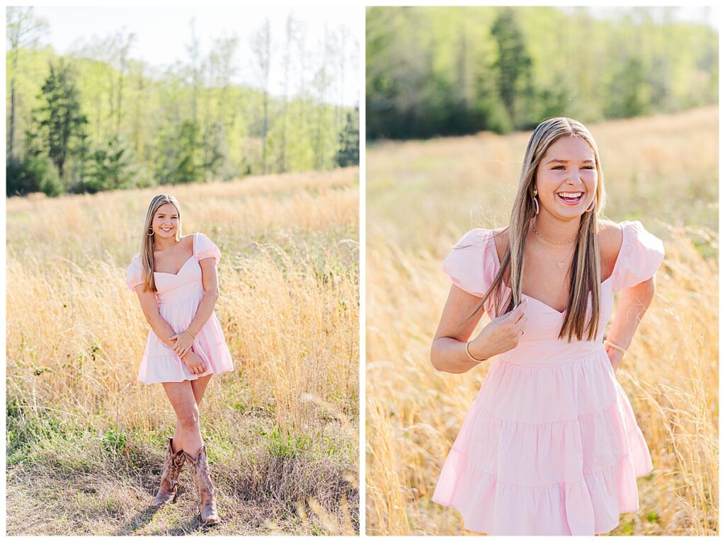 pink dress in the field at the Preserve at Dundee
