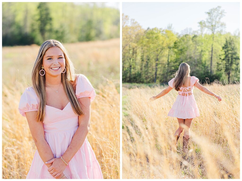 pink dress in the field at the Preserve at Dundee