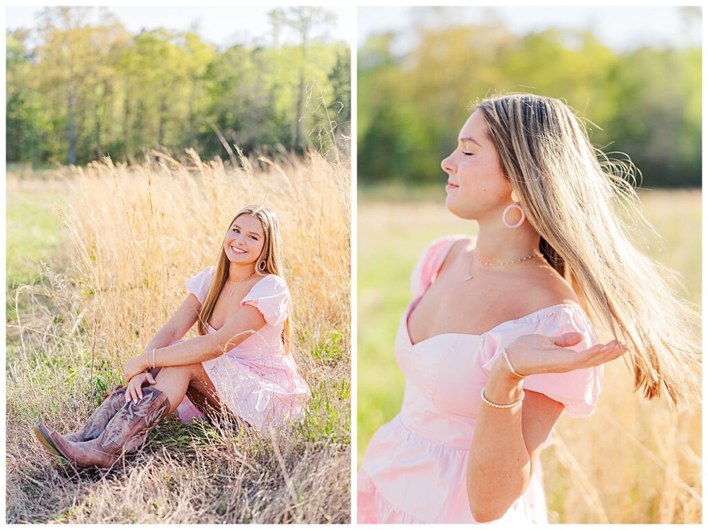 pink dress in the field at the Preserve at Dundee