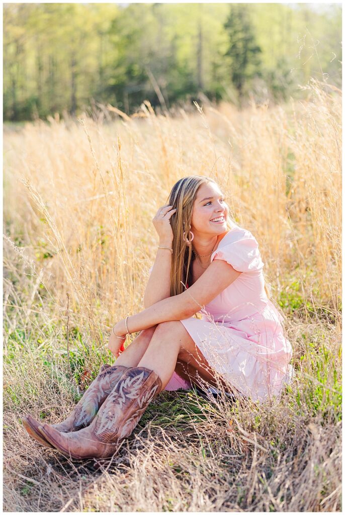 pink dress in the field at the Preserve at Dundee