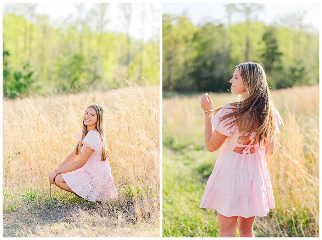 pink dress in the field at the Preserve at Dundee
