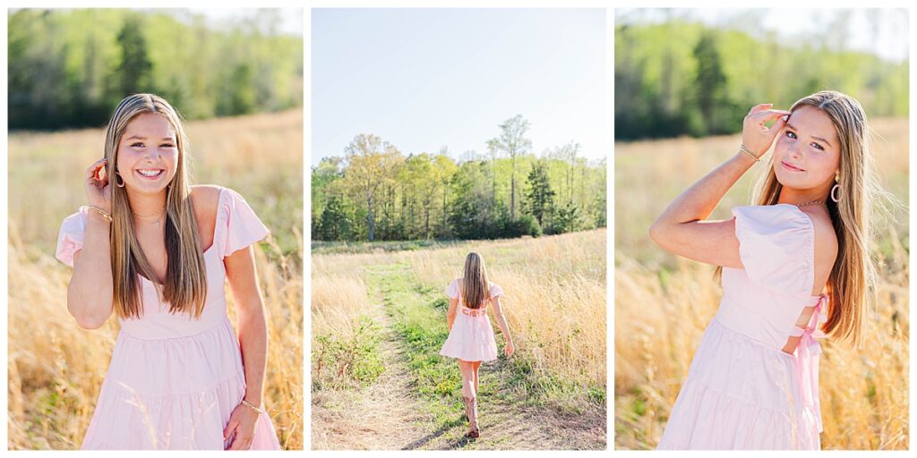 pink dress in the field at the Preserve at Dundee
