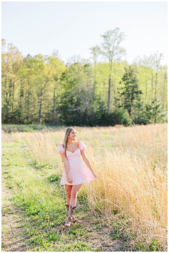 pink dress in the field at the Preserve at Dundee