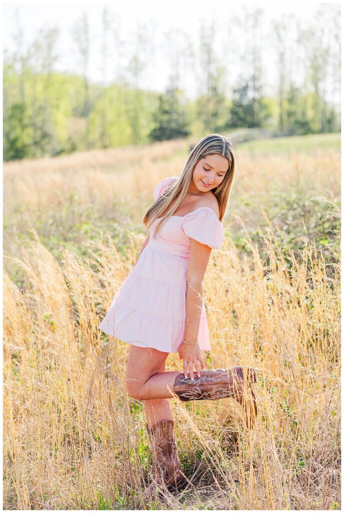 pink dress in the field at the Preserve at Dundee