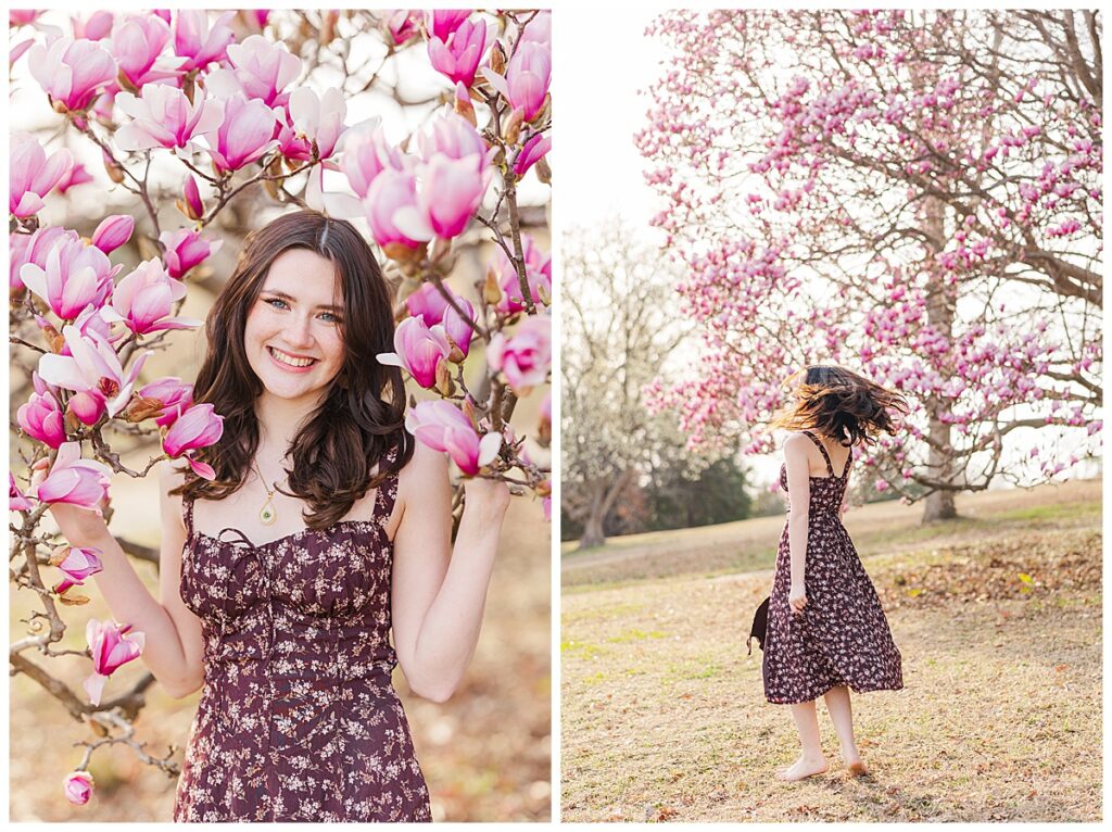 Spring senior pictures with giant full bloom tulip tree at Maymont | New Kent High School