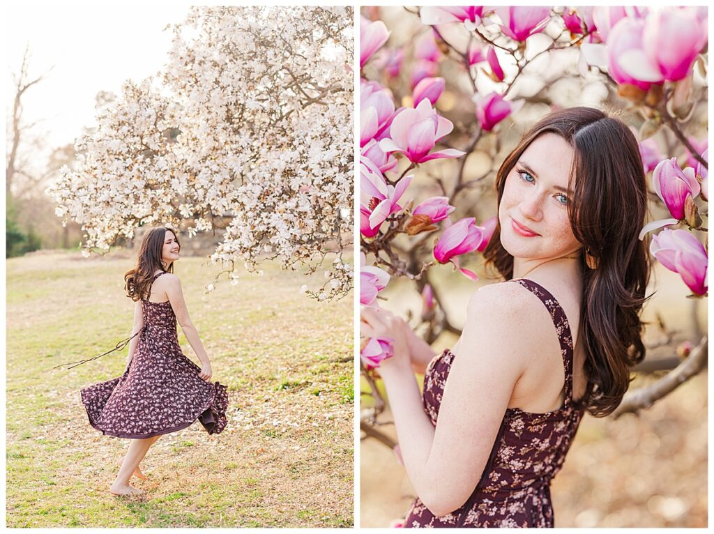 Spring senior pictures with giant full bloom tulip tree at Maymont | New Kent High School