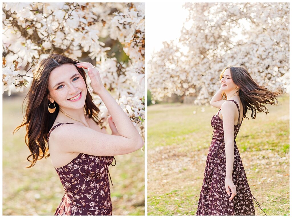 Spring senior pictures with giant full bloom tulip tree at Maymont | New Kent High School