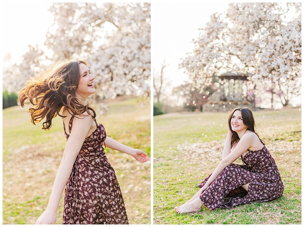 Spring senior pictures with giant full bloom tulip tree at Maymont | New Kent High School