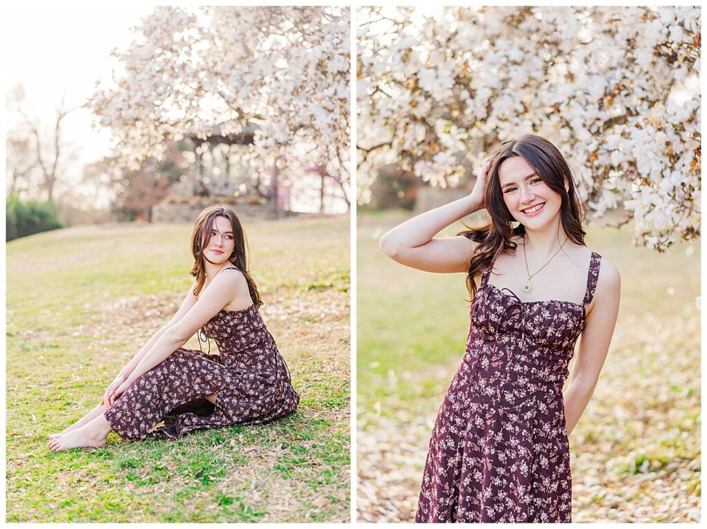 Spring senior pictures with giant full bloom tulip tree at Maymont | New Kent High School