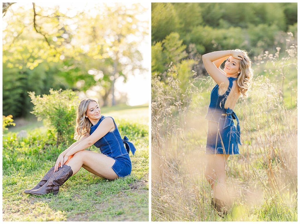 senior pictures at Maymont | denim matching set with an open back and big bow paired with brown cowgirl boots