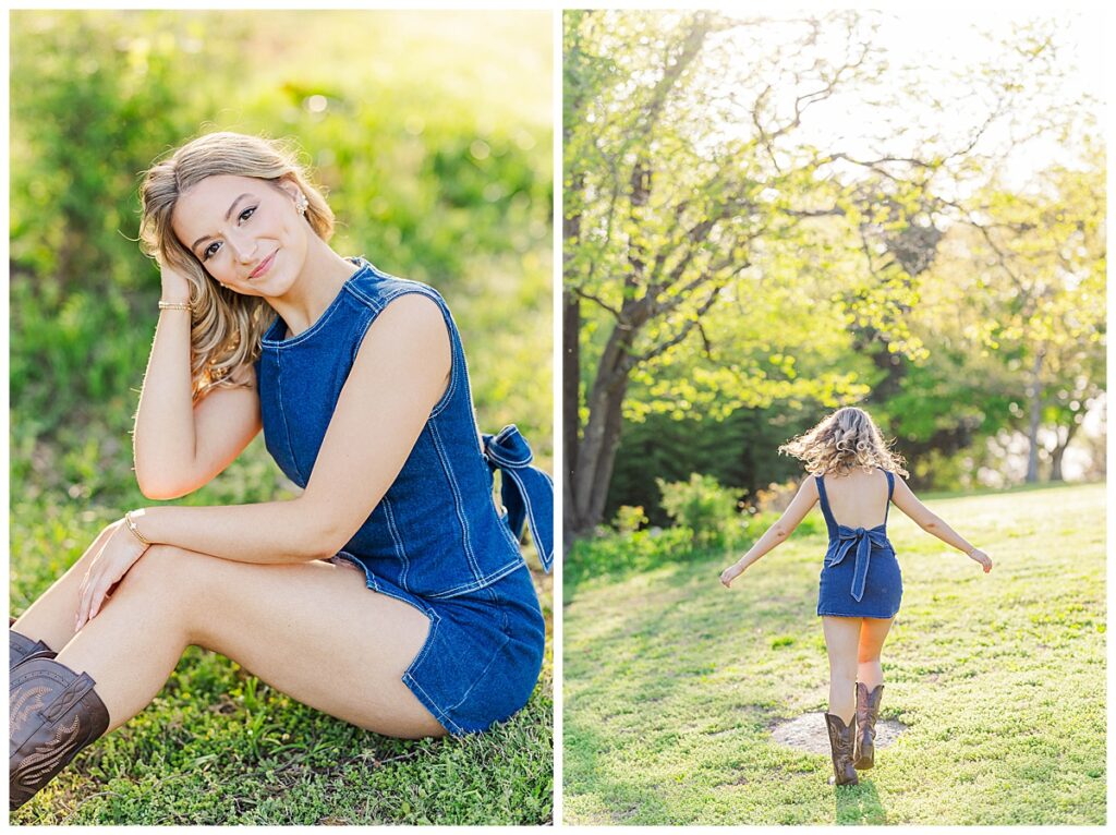 senior pictures at Maymont | denim matching set with an open back and big bow paired with brown cowgirl boots