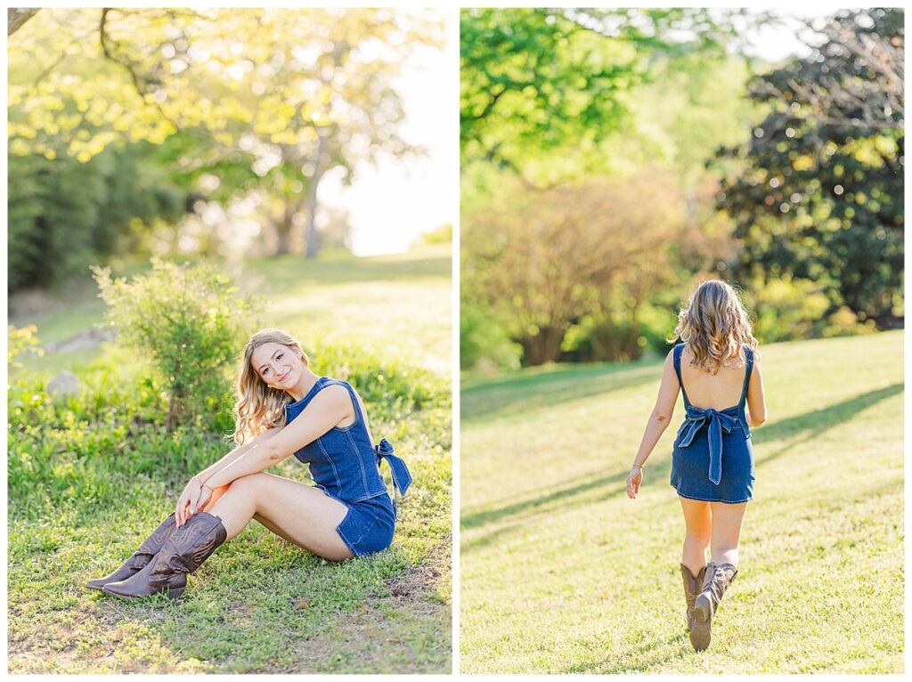 senior pictures at Maymont | denim matching set with an open back and big bow paired with brown cowgirl boots