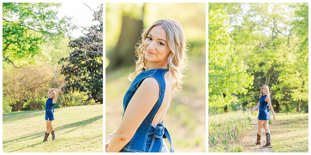 senior pictures at Maymont | denim matching set with an open back and big bow paired with brown cowgirl boots