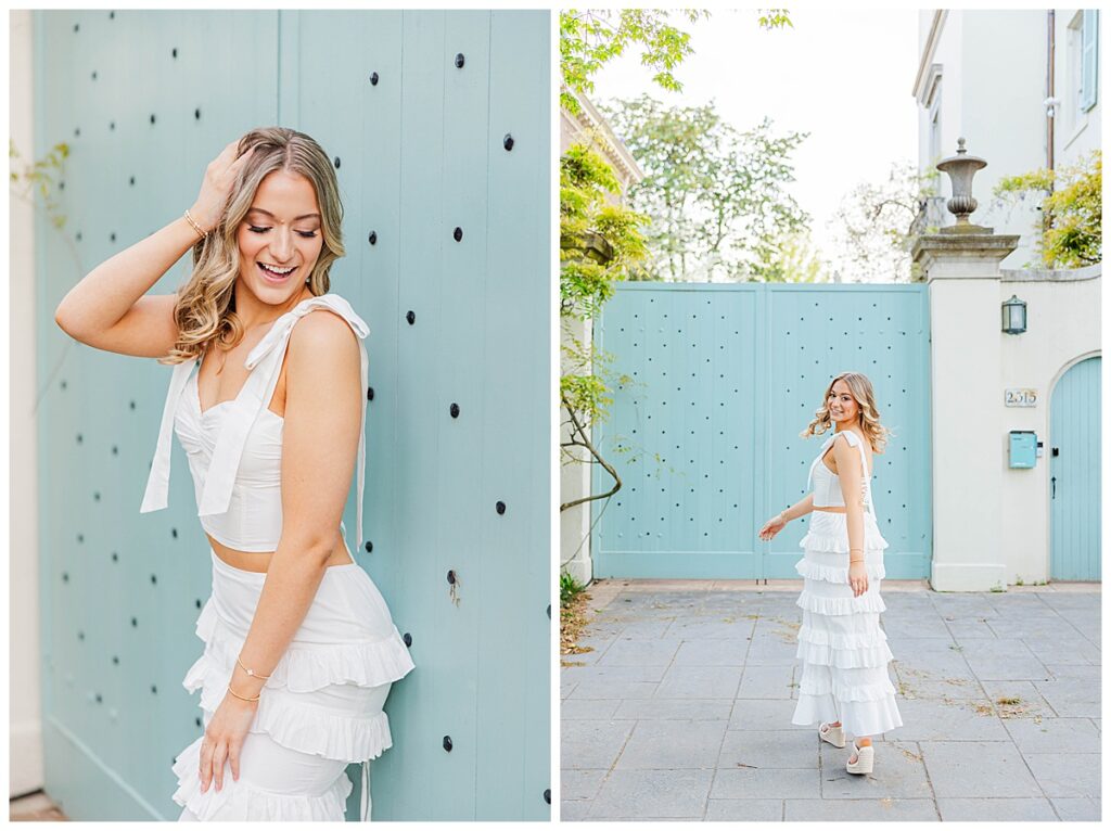 senior portraits on Monument Avenue at the Blue Shutter House