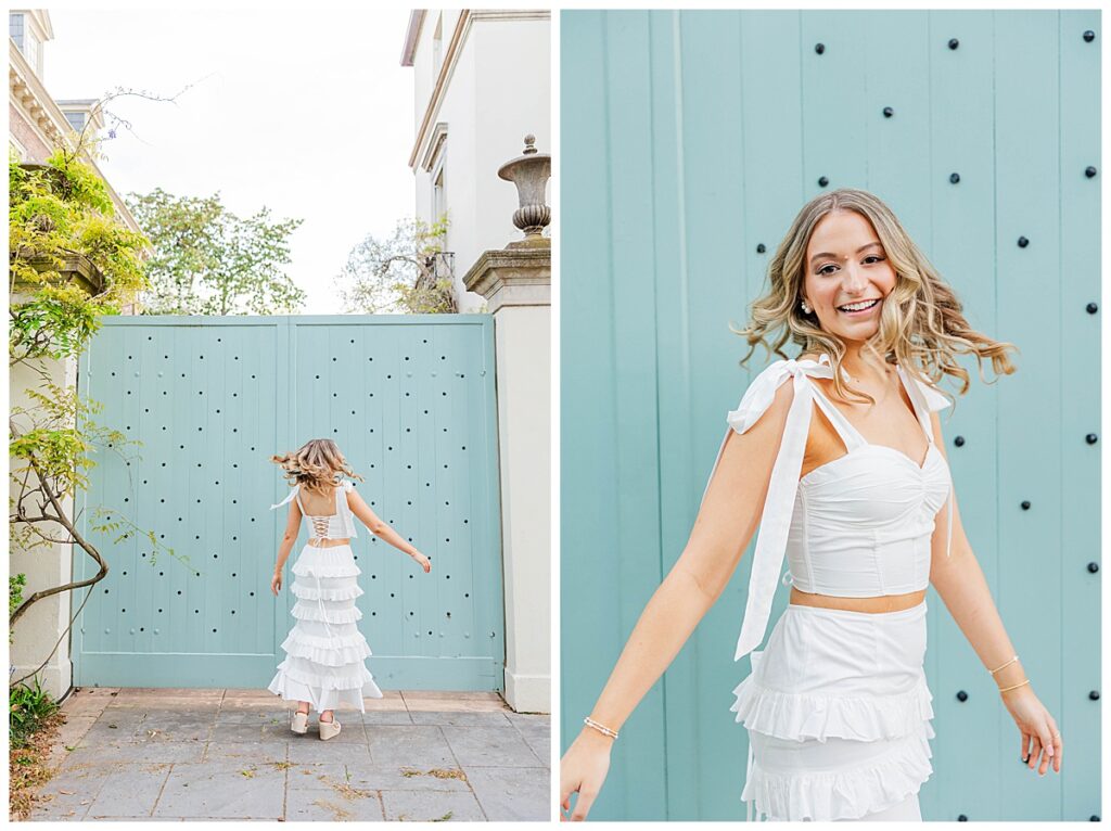 senior portraits on Monument Avenue at the Blue Shutter House